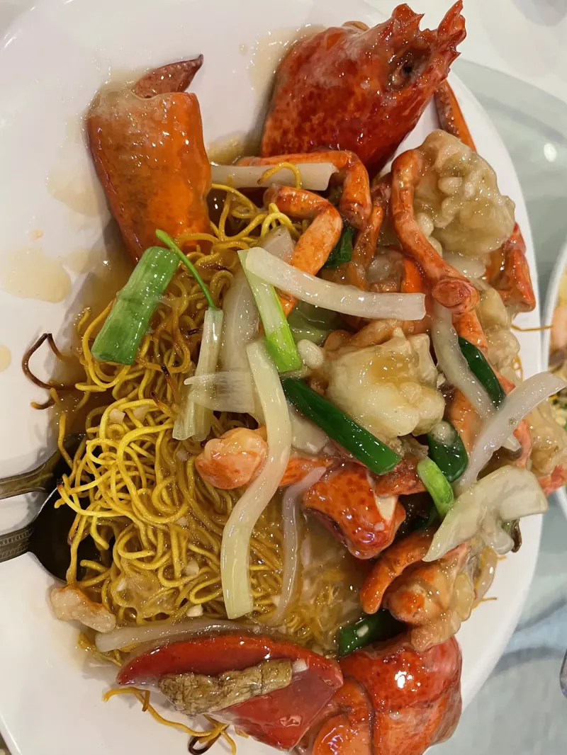 Lobster on crispy noodles, a Cantonese seafood dish at Trithis Chinese restaurant in Mississauga