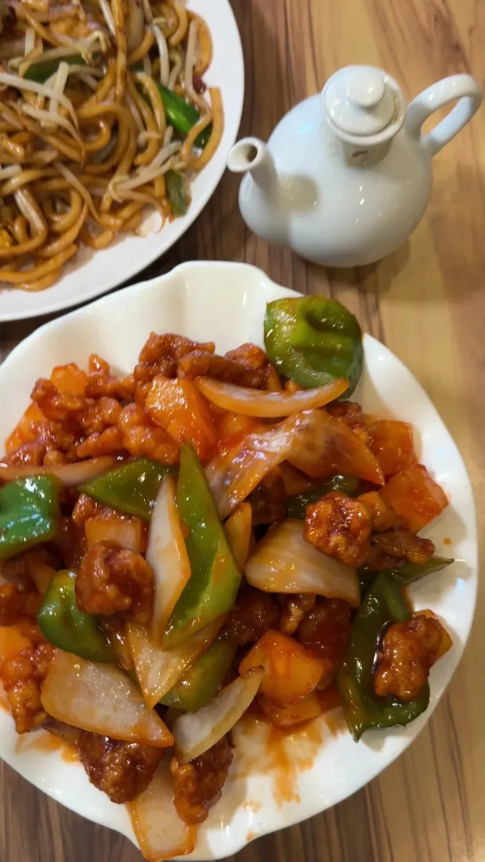 Sweet and sour pork plated at Trithis Cantonese restaurant, Golden Square, Mississauga